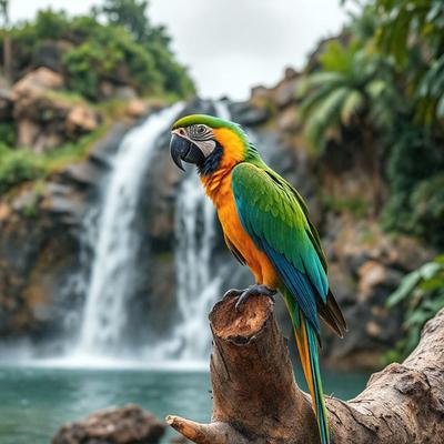 The primary subject of the image is a colorful parrot perched on a tree branch. The setting is a lush green forest with a waterfall in the background. The visual style is a natural, outdoor scene with the parrot as the focal point. The colors and mood are vibrant and lively, with the parrot's vivid colors contrasting against the greenery of the forest and the waterfall.